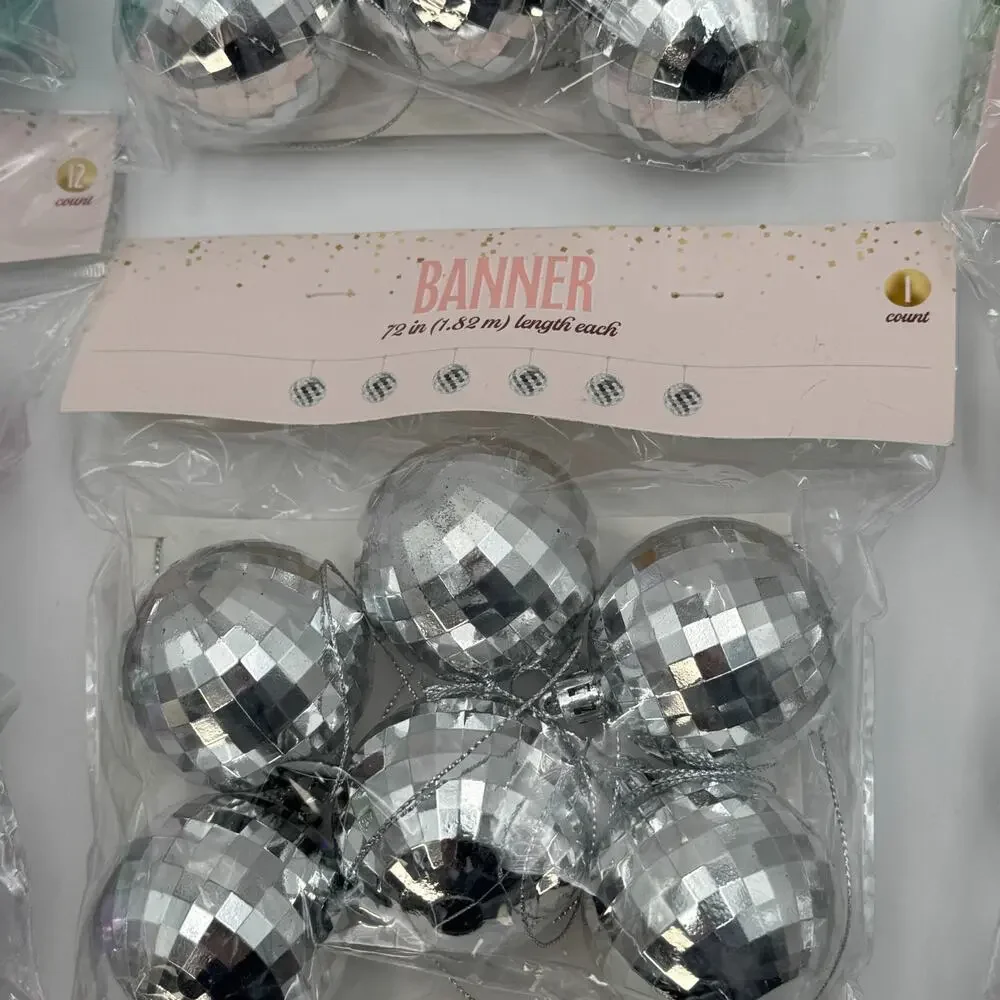 Bullseye Disco Ball Christmas Ornaments 12 Count‎ w 72” Banner Lot of 6 NEW
